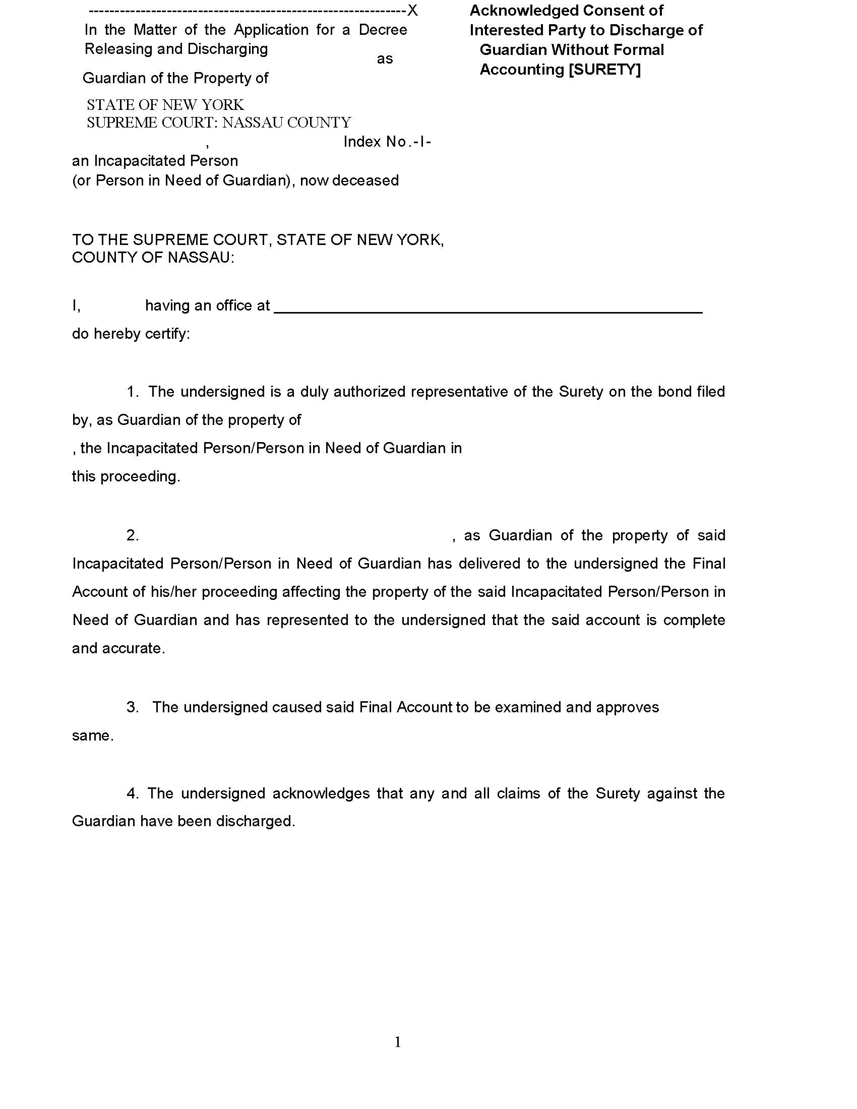 Acknowledged Consent Interested Party Discharge Guardian Without Formal Accounting [Surety] | Pdf Fpdf Docx | New York